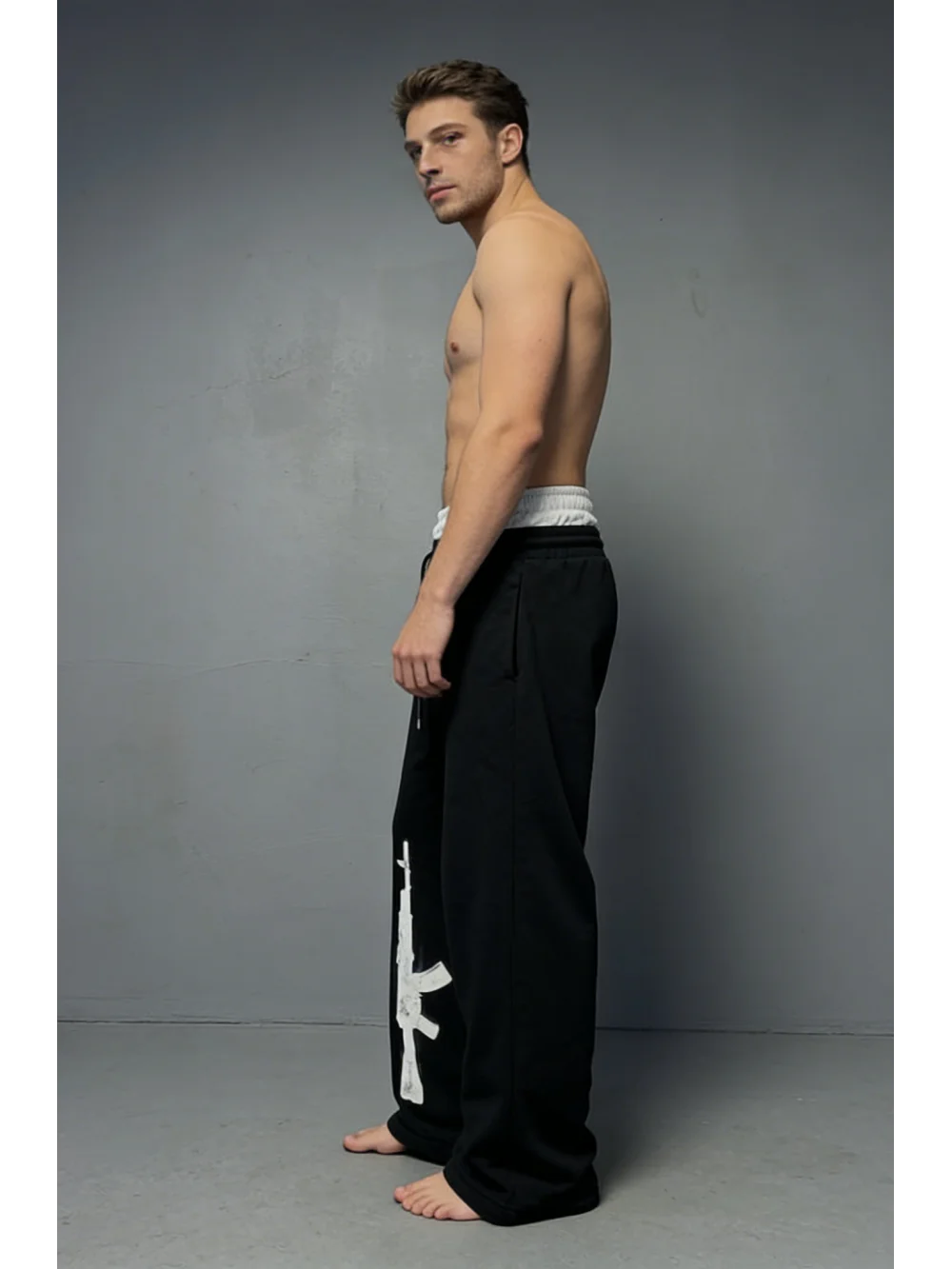 

American style fake layering retro AK print loose and lazy style comfortable and versatile casual straight leg pants