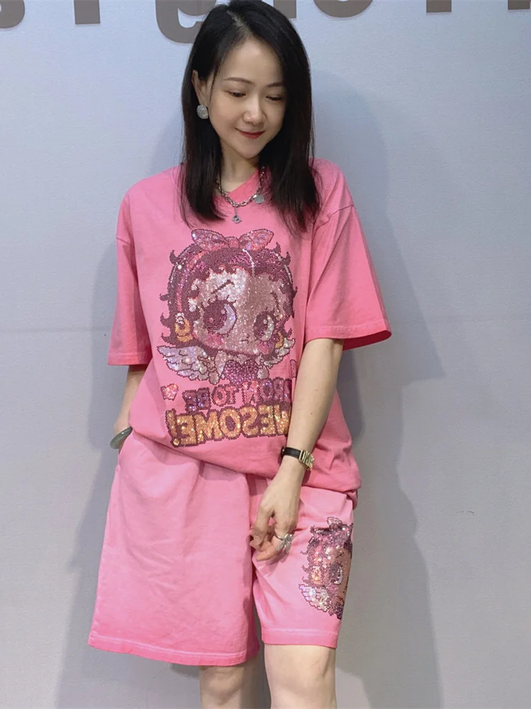 

Summer Casual Cotton T-Shirt Shorts Set Women's Gradient Color Short Sleeve Glittering Large Size Two-Piece Fashion Set