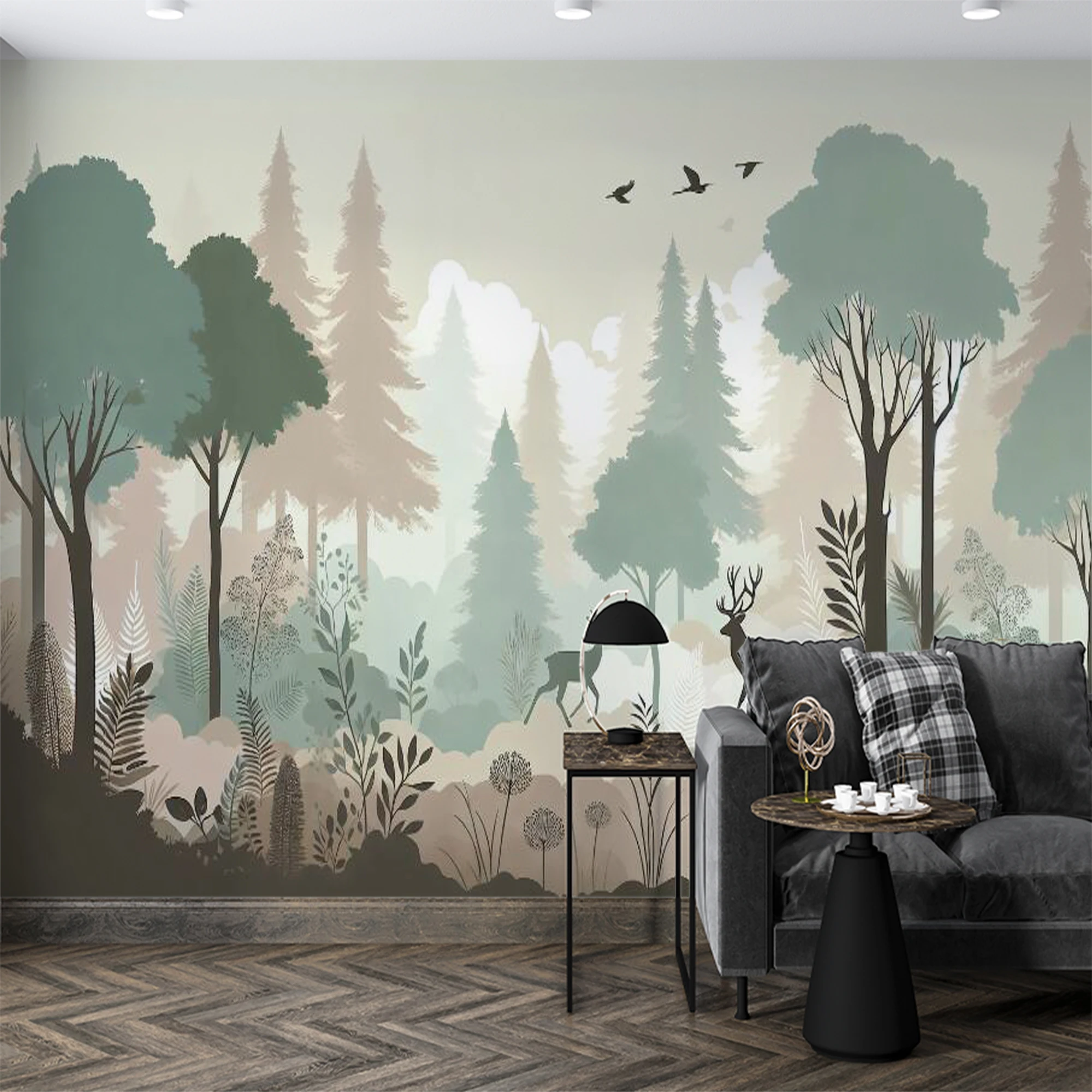 Custom Soft Color Forest Deer Mural Wallpaper Misty Woodland Tree Bird Wall Paper for Kids Room Nursery Bedroom Decor