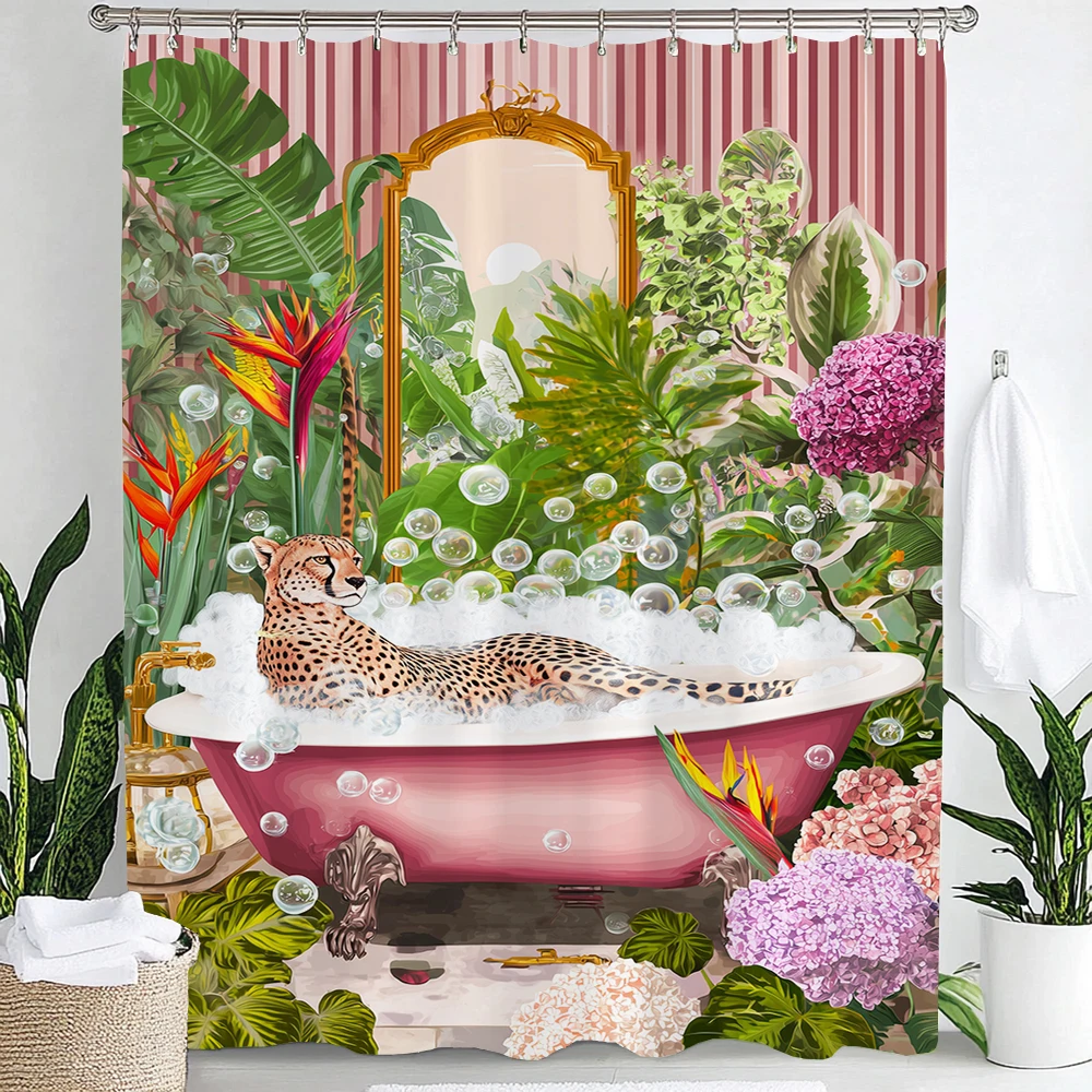 Fun Leopard Shower Curtain,Cat, Dog and Animals Bathing in Nordic Plant Bathtub Bathroom Decorative Shower Curtain with Hooks