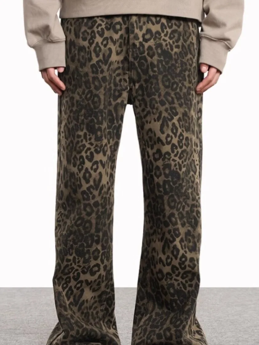

Loose Men's American High Street Leopard Print Work Pants Wide Leg Jeans Casual Trousers for Teenagers Autumn Straight Cut