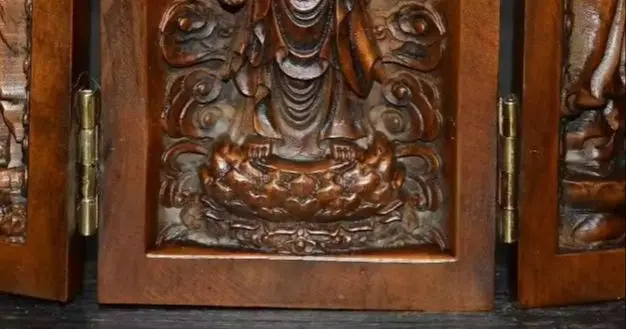 4"Xizang Folk Collection Old Boxwood Three Sages Shakyamuni Guanyin Buddha  Box Triple Ppen Box Buddhist Niche Worship Hall