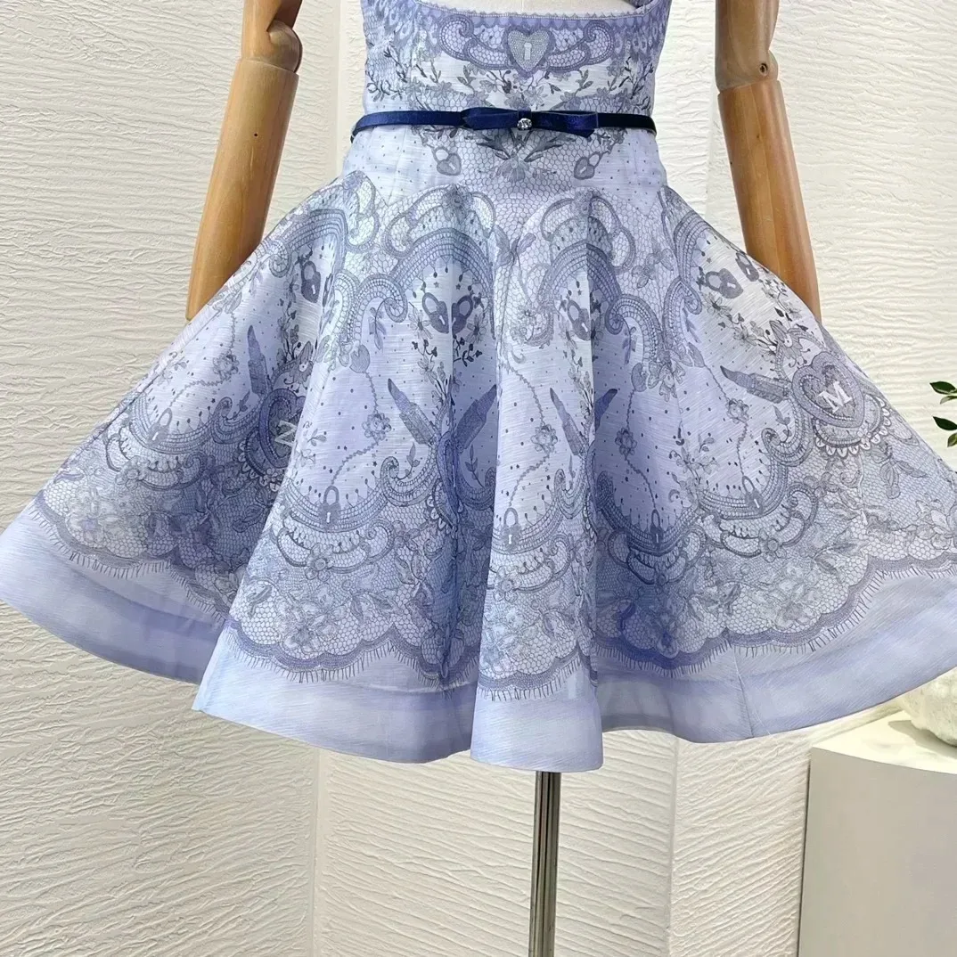 Linho de seda feminino cintura espaguete estilo romântico corte vestido roxo violeta sem alças mini vestidos para o verão estampa floral