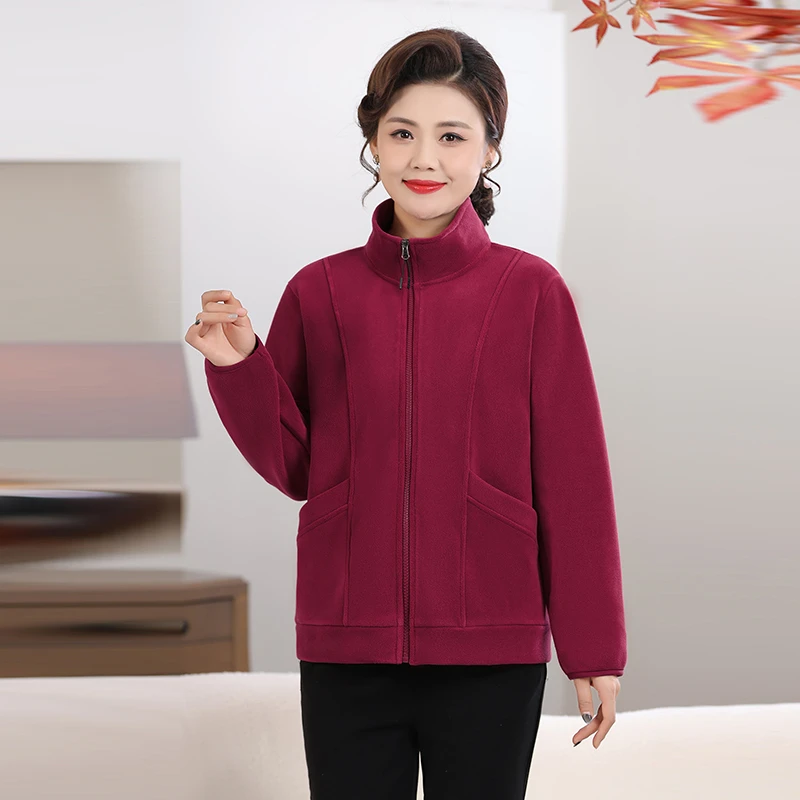 

Loose Fit Zipper Front Stand Collar Plu Lined Casual Top Mom Sle Faionable Outerwear for Middle Aged And ly Women
