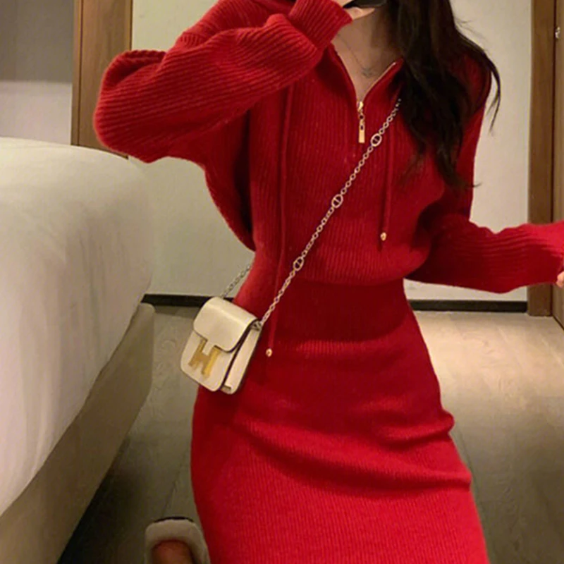 Autumn and Winter Female Festival Red Hooded Knitted Dress Long Sleeved Casual Zipper Christmas Women\'s Mini Sheath Dresses