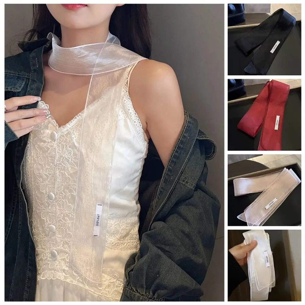 Elegant Silk Material Silk Scarf Pearl Shiny Korean Style Headband Thin Long Narrow Scarf Spring Summer