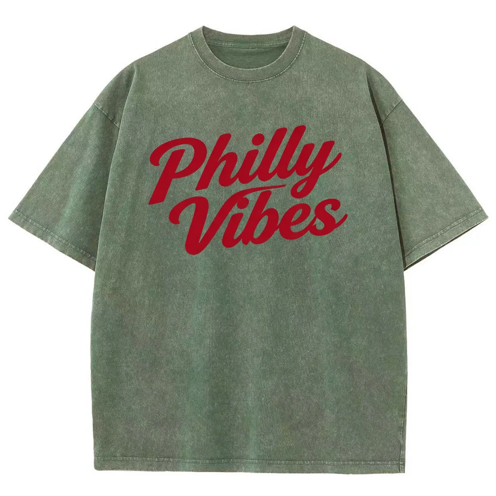 Men Philly Vibes Graphic Print Vintage Washed Short Sleeve T Shirt Casual Streetwear Summer Top