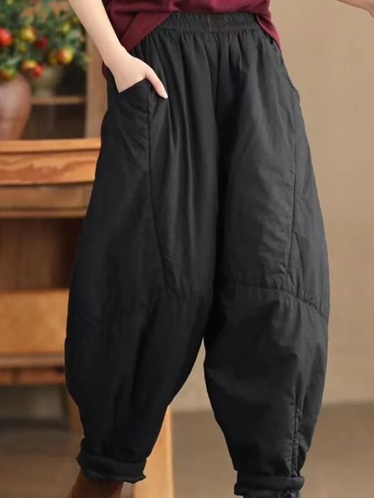 Pantalon en coton grande taille pour femme, vêtement d'extérieur Long Harlan, décontracté, chaud, taille haute, hiver 2024