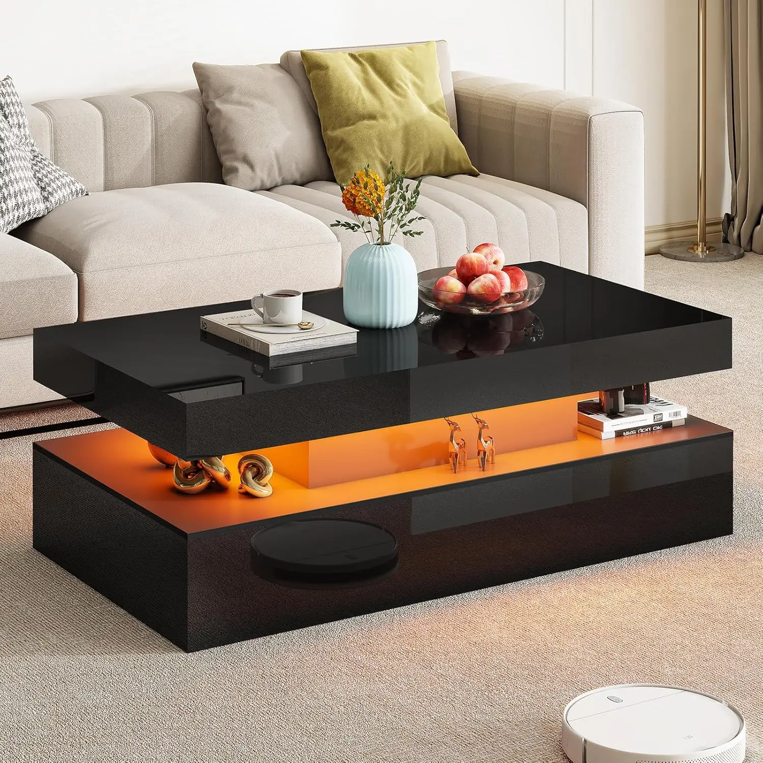 

High Gloss LED Coffee Table, Modern 2-Tier Center Table with LED Lights, Open Storage Space, 40in Simple, Customized