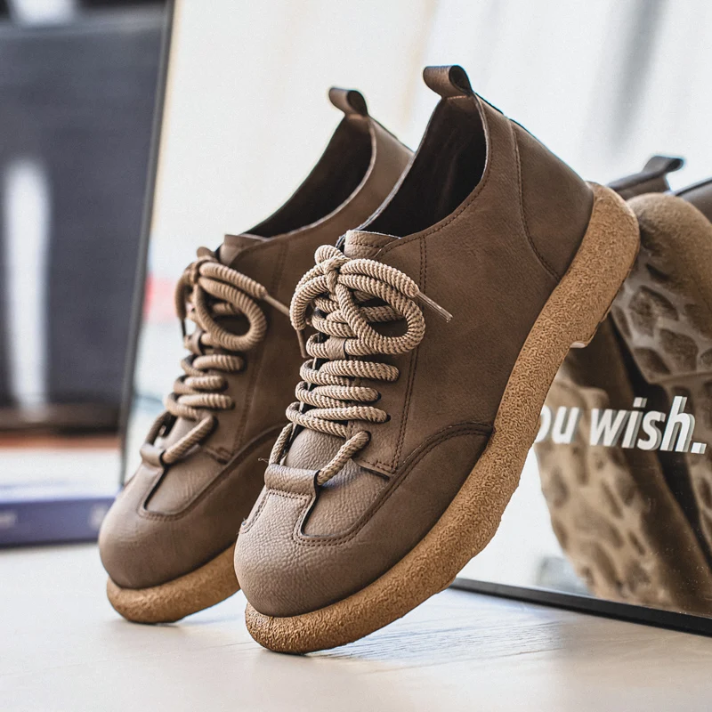 

Designer Men Casual Shoes Genuine Leather Fashion Male Work Boots Non-slip Comfortable Walking Shoes Big Head Classic Flat Shoes