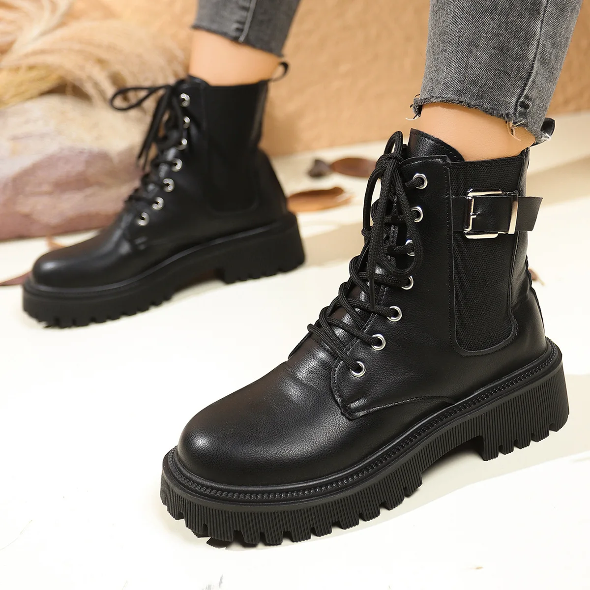 2026omen's Boots Classic Black Casual Leather Boots Lace Up Ankle Boots for Women Non-slip Platform Booties Botines Para Mujeres