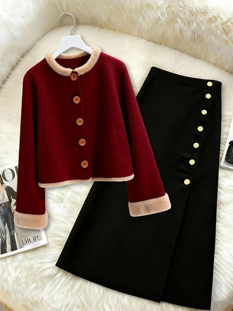 Red Plush Loose Long Sleeve round Neck Woolen Coat Women's Winter New Style Youthful Short Trendy Korean Style Fashionable