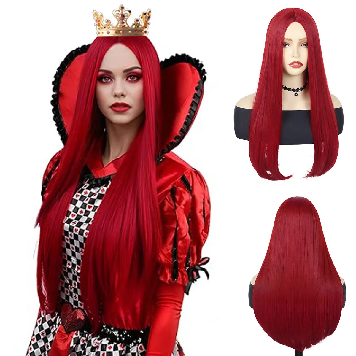 Synthetic Long Red Wig Straight Queen of Hearts Adult Halloween Costume Wigs for Women Sally Cosplay Nightmare Before Christmas