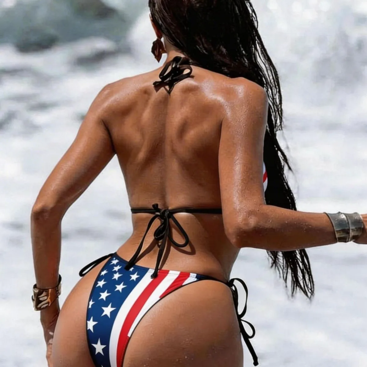 New Bikini Set Women American Flag Print Triangle Halter Tie Top Side String High Cut Two Piece Bathing Suit Beach Wear