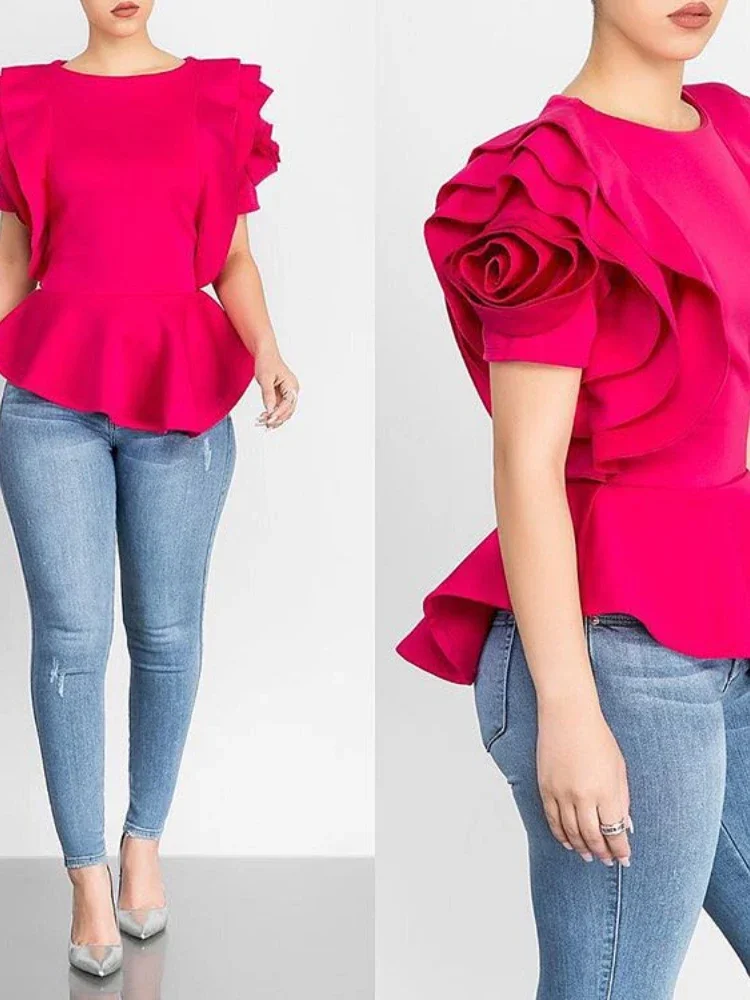 Layers Petal Sleeves Women Blouse Tops Shirt Elegant Fashion Spring Summer Rose Red Blue Black White Bluas Ruffles Classy Lady