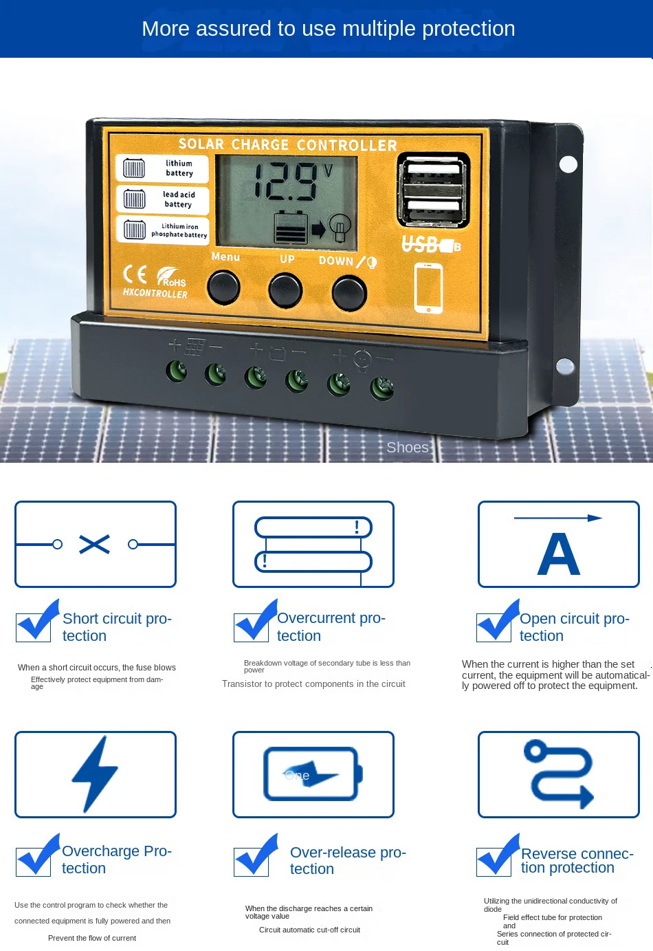 30A 20A 10A MPPT Solar Charge Controller 12V/24V Battery Regulator Solar Panel Controller LCD Display with Dual USB