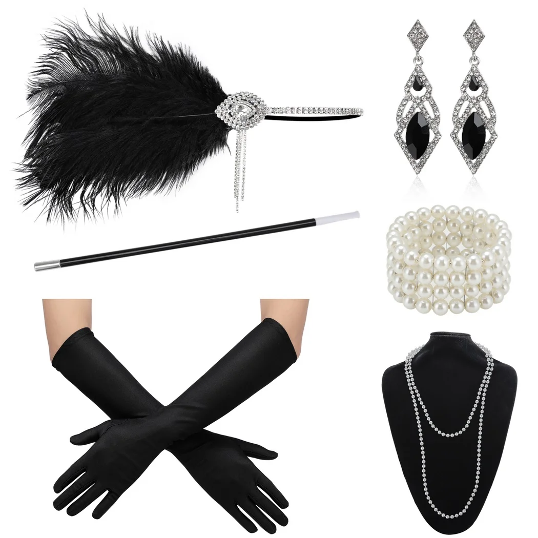 

8Pcs 1920s Great Gatsby Accessories Set For Women Flapper Women Kit Headband Headpiece Cigarette Rod Pearl Necklace Bracelet Set