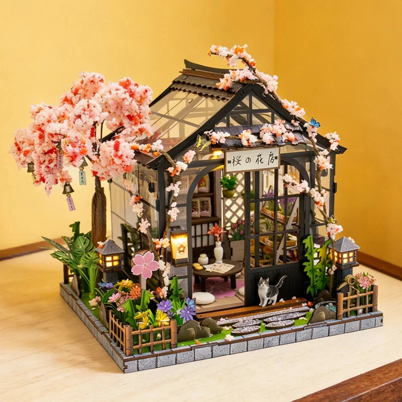

OUZEY Wooden Spring Sakura Greenhouse Miniature Model Kits with Furniture LED Lights Dollhouse DIY for Friends Birthday Gifts