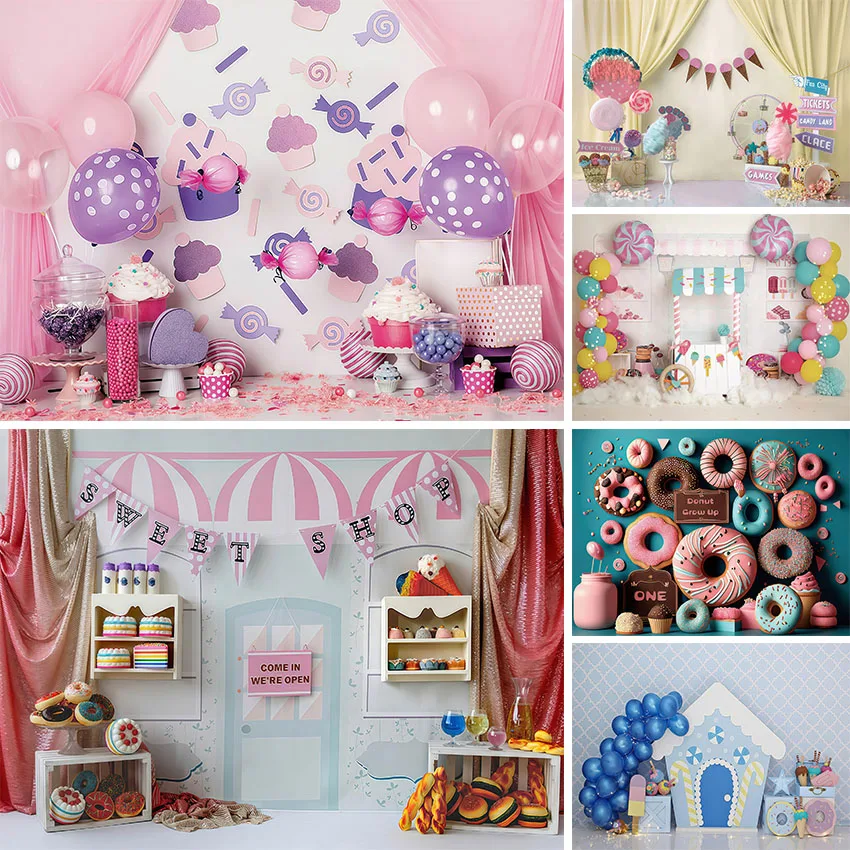 

Фон для фотосъемки: Летняя кондитерская, пончики, воздушные шары, детский день рождения, торт, портретный декор, фон для фотостудии