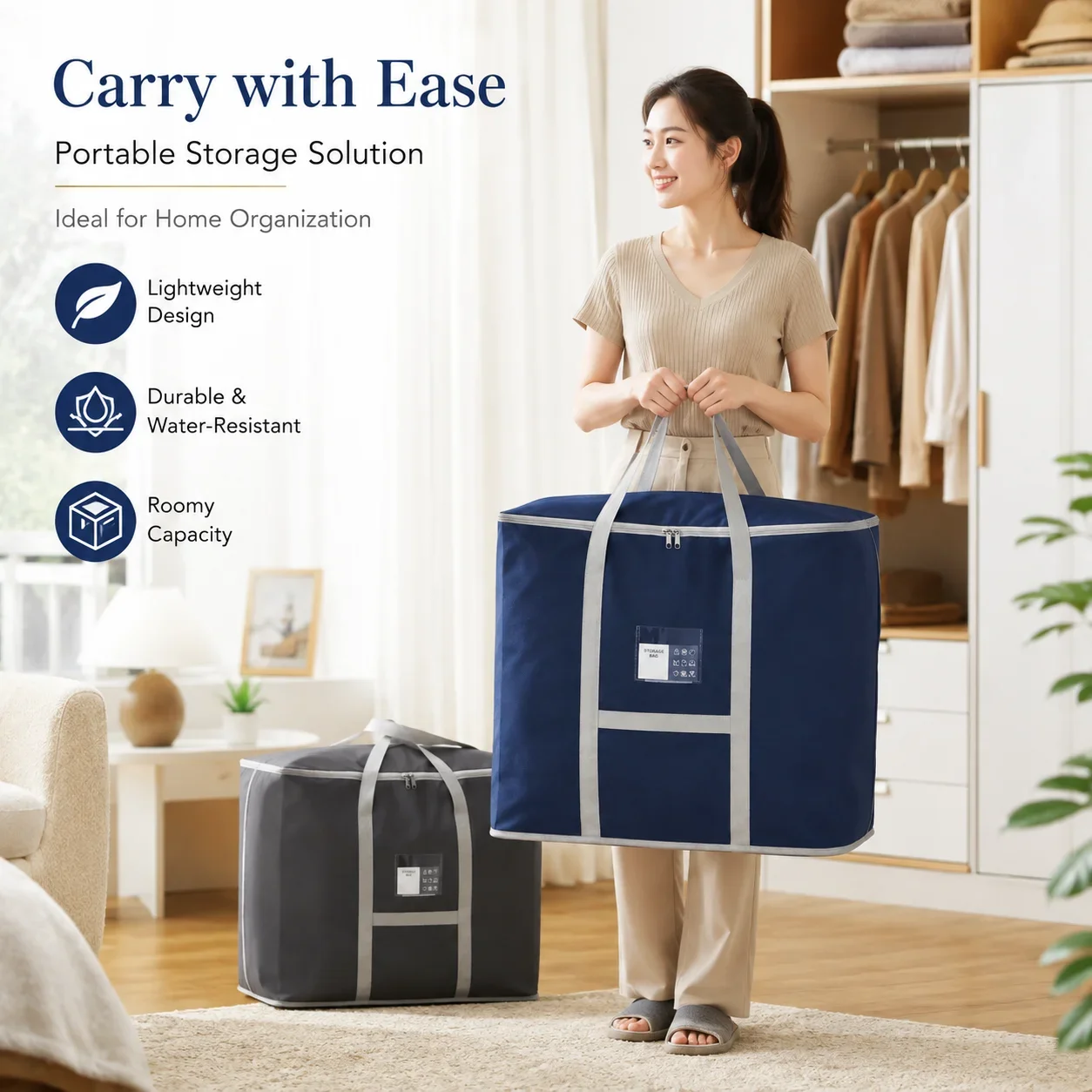 Durable Oxford Cloth Clothes Storage Bag, Large Comforter and Bedding Organizer for Home and Moving, Tear-Resistant