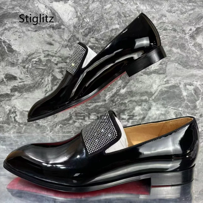 Rhinestone Square Toe Men\'s Dress Shoes Black Bright Leather Business Office Wedding Shoes Slip On Loafers Luxury Mlae Shoes