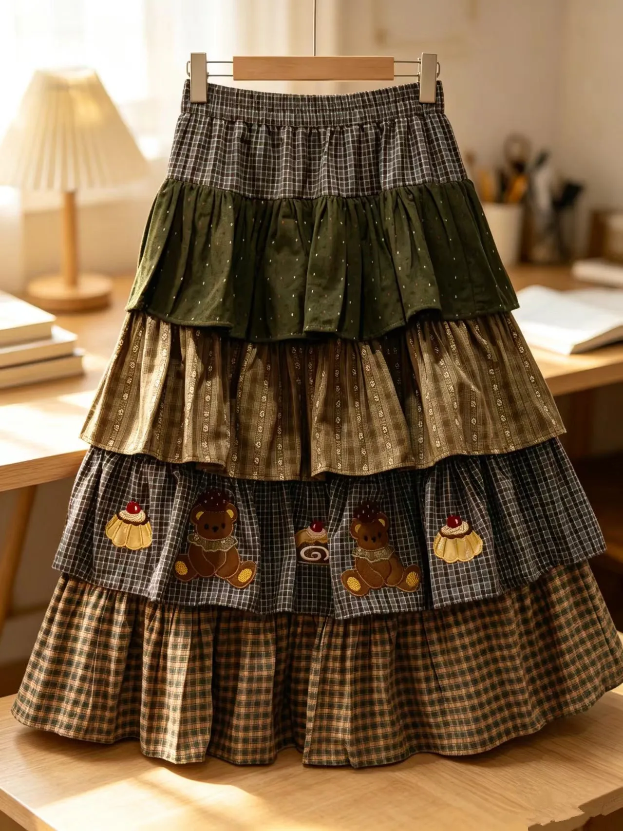 Green Color Sweet Lolita Ruffle Cake Skirt Women's Plaid Cotton Patchwork Layered Maxi Skirt Japanese Kawaii Skirt