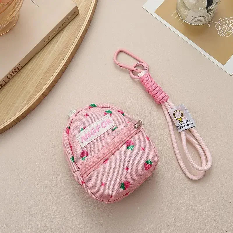 Sweet Strawberry Printed Backpack Coin Bag Cute Money Change Purse With Keychain Portable Earphone Storage Bag Wallet