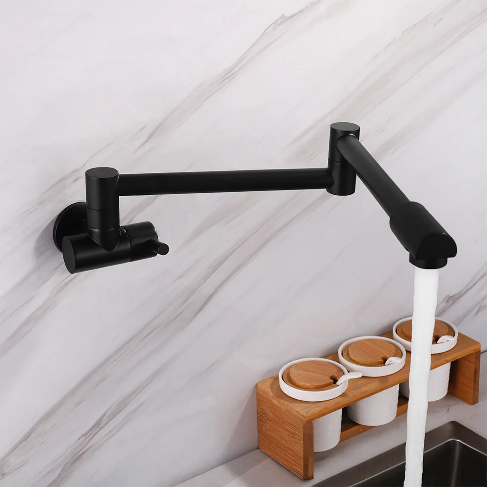 All Copper Wall Folding Kitchen Faucet 360° Rotation Single Cold Black Brushed  Pot Filler Faucet Swing Arm Single Hole