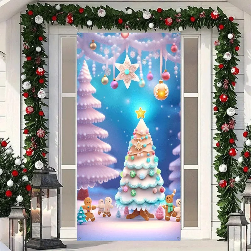 1pc 2D flat door frame Christmas banner curtain, New Year Christmas room party decoration, no power required - zs