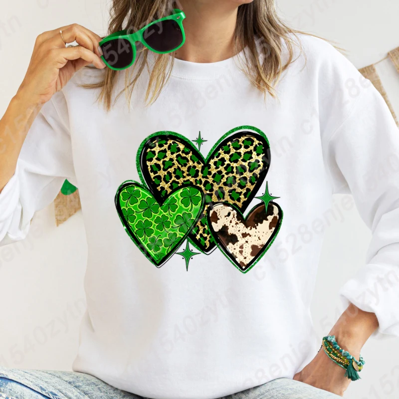 

St Patrick's Day Clover Heart Graphic Pullovers Women New Fashion Autumn Winter Sweatshirts Creative Personalized Hoodeless Tops