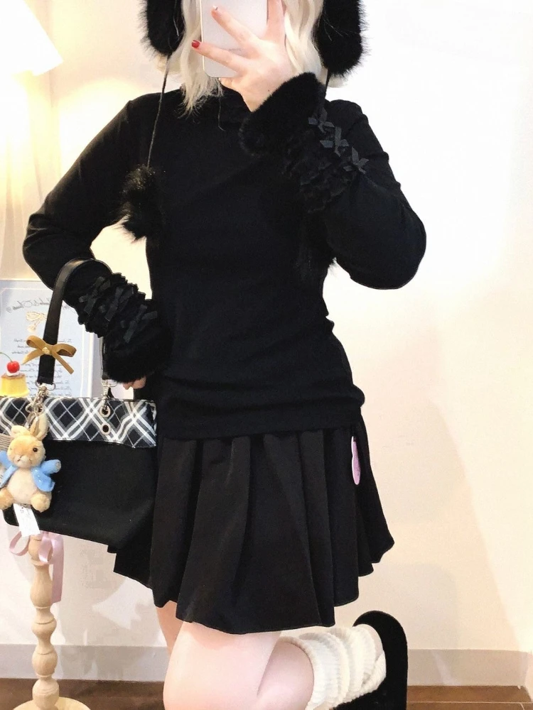 일본 니트 여성 풀오버 리본 패치워크 Y2K 감성 점퍼 로리타 레이스 퍼프 소매 귀여운 스웨터 여성 의류