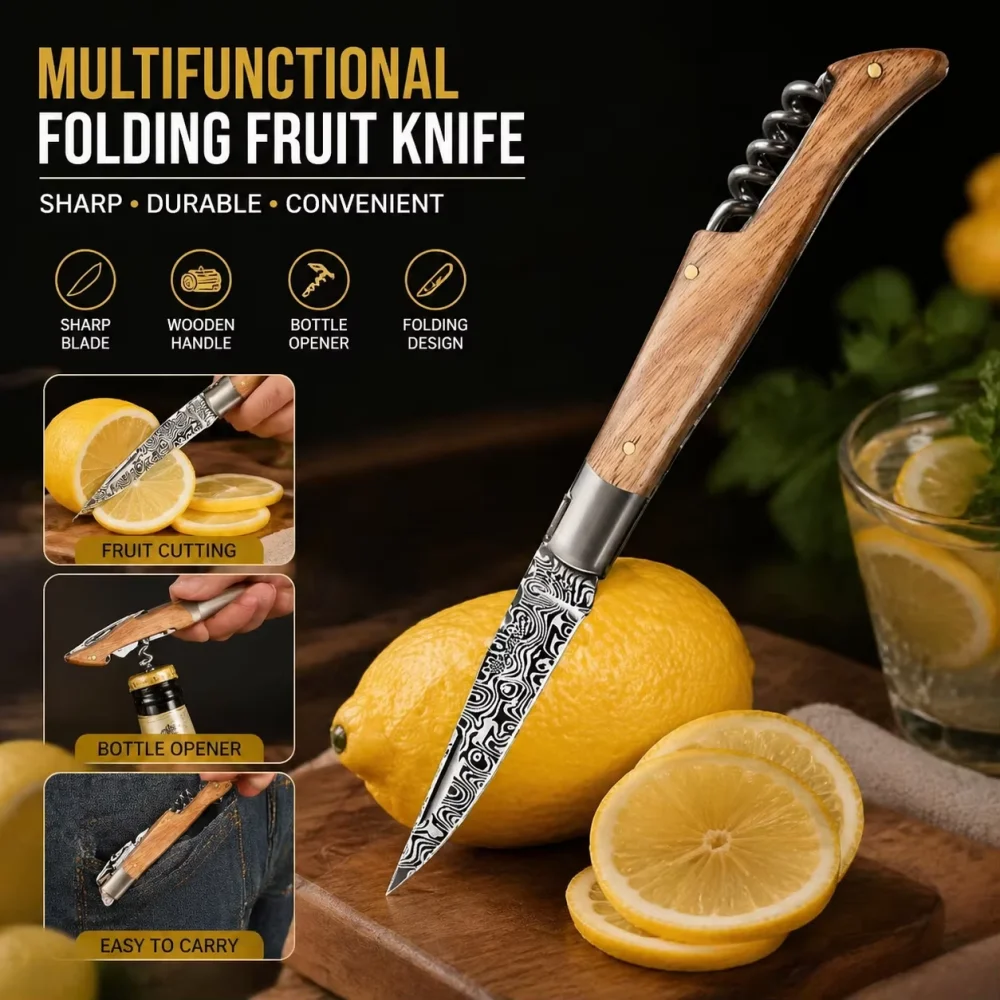 Paring Knife with Corkscrew, Ultra Sharp Stainless Steel Kitchen Utility Knife, Wooden Handle Fruit Knife for Home Cooking