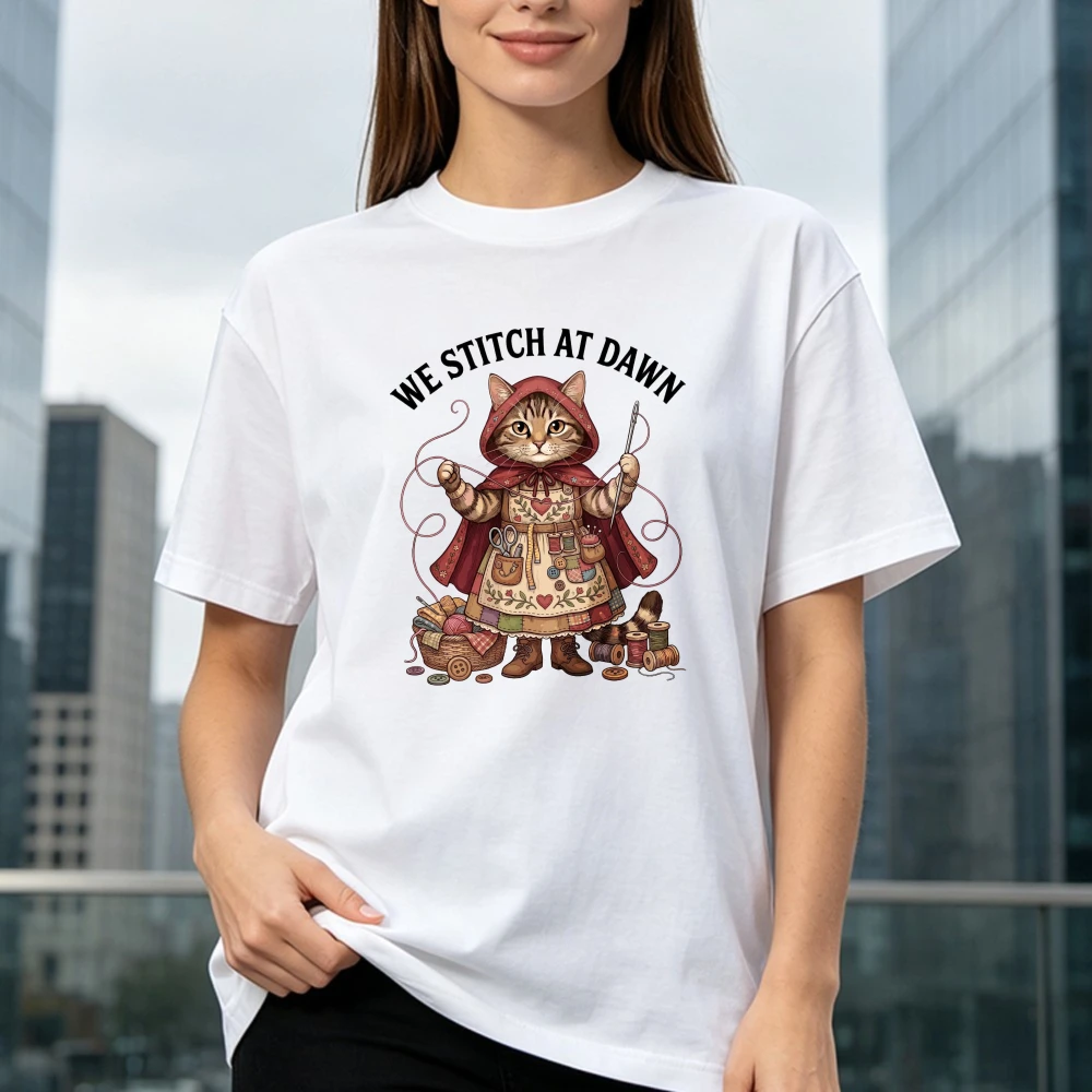 We Stitch At Dawn Funny Sewing Cat Tshirt Quilting Cat Tee Seamstress Gift Sewing Humor Shirt Casual Cotton Short-sleeve Tees