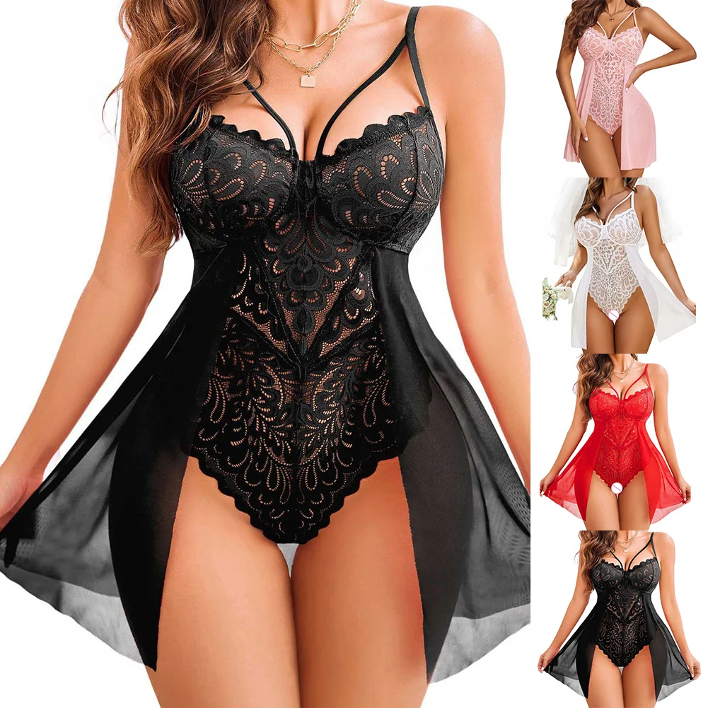 

Sexy Halter Lace See Through Crop Top Halter Nightdress Fun Pajamas Shoulder Straps And Jumpsuit Women's Pajamas Sexy Lingerie