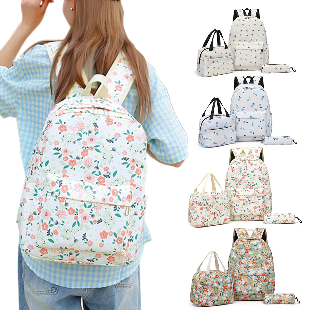 3Pcs Floral Backpack Set Teenagers Book Bag with Lunch Bag & Pen Case Nylon Laptop Backpack Large Capacity Travel Daypack