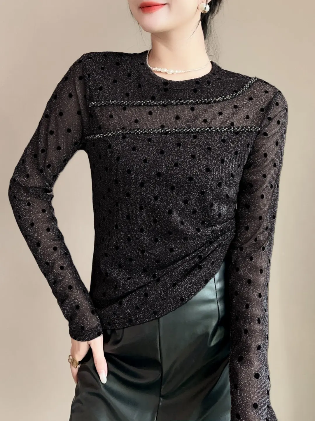 Fashionable Long Sleeve T-Shirt Women's Autumn New Style Bright Thread Polka Dot Slim Fit Base Shirt Casual Style round Neck