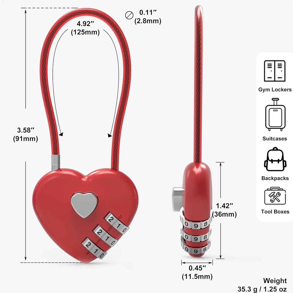 Pink Heart-Shaped 3-Digit Combination Cable Lock – Portable Steel Wire Padlock for Luggage, Locker– Cute Love Lock for Gifts - view 3