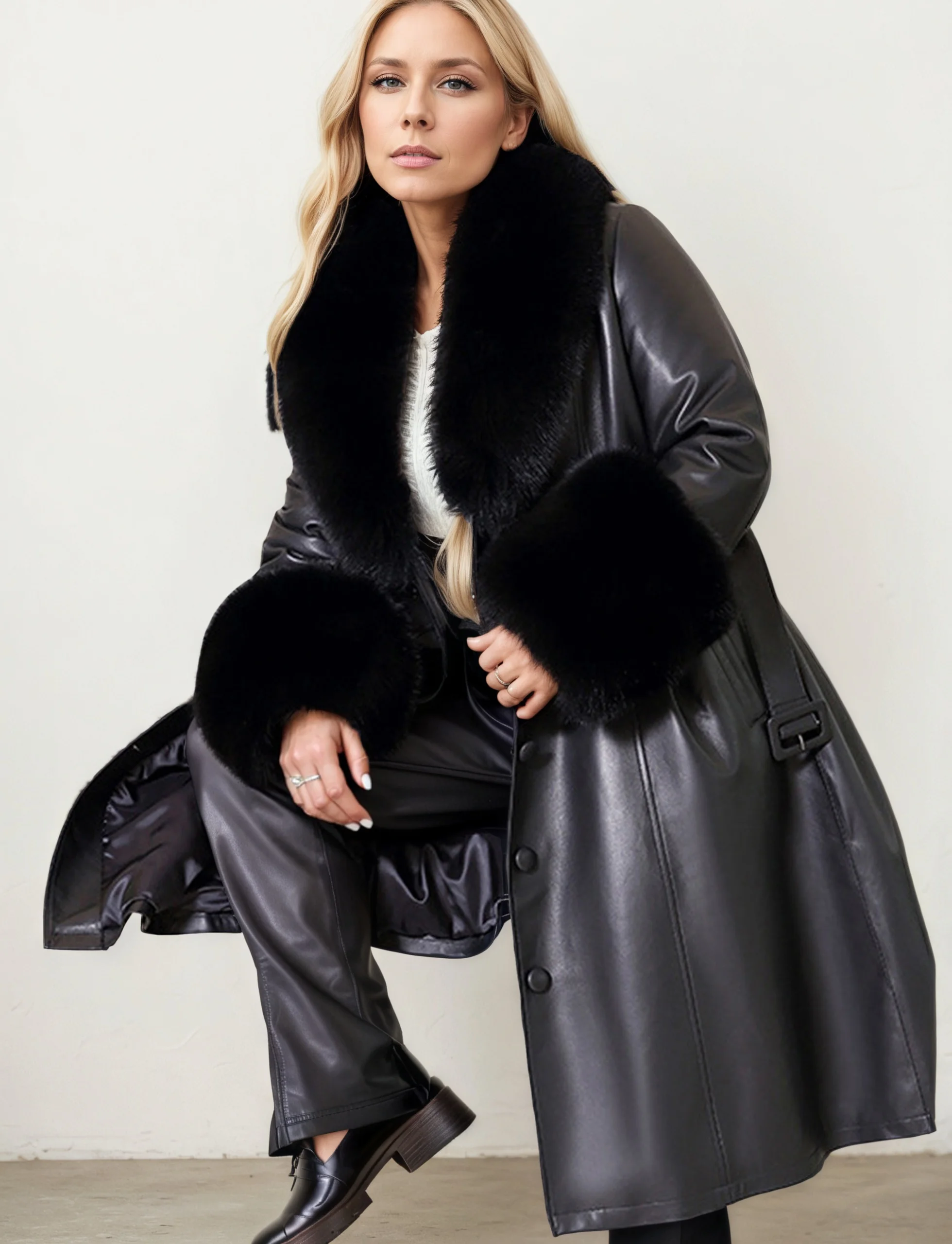 Damen-Jacke aus echtem Schaffell-Leder, langer Leder-Trenchcoat mit echtem Fuchspelzkragen und Ärmelbündchen