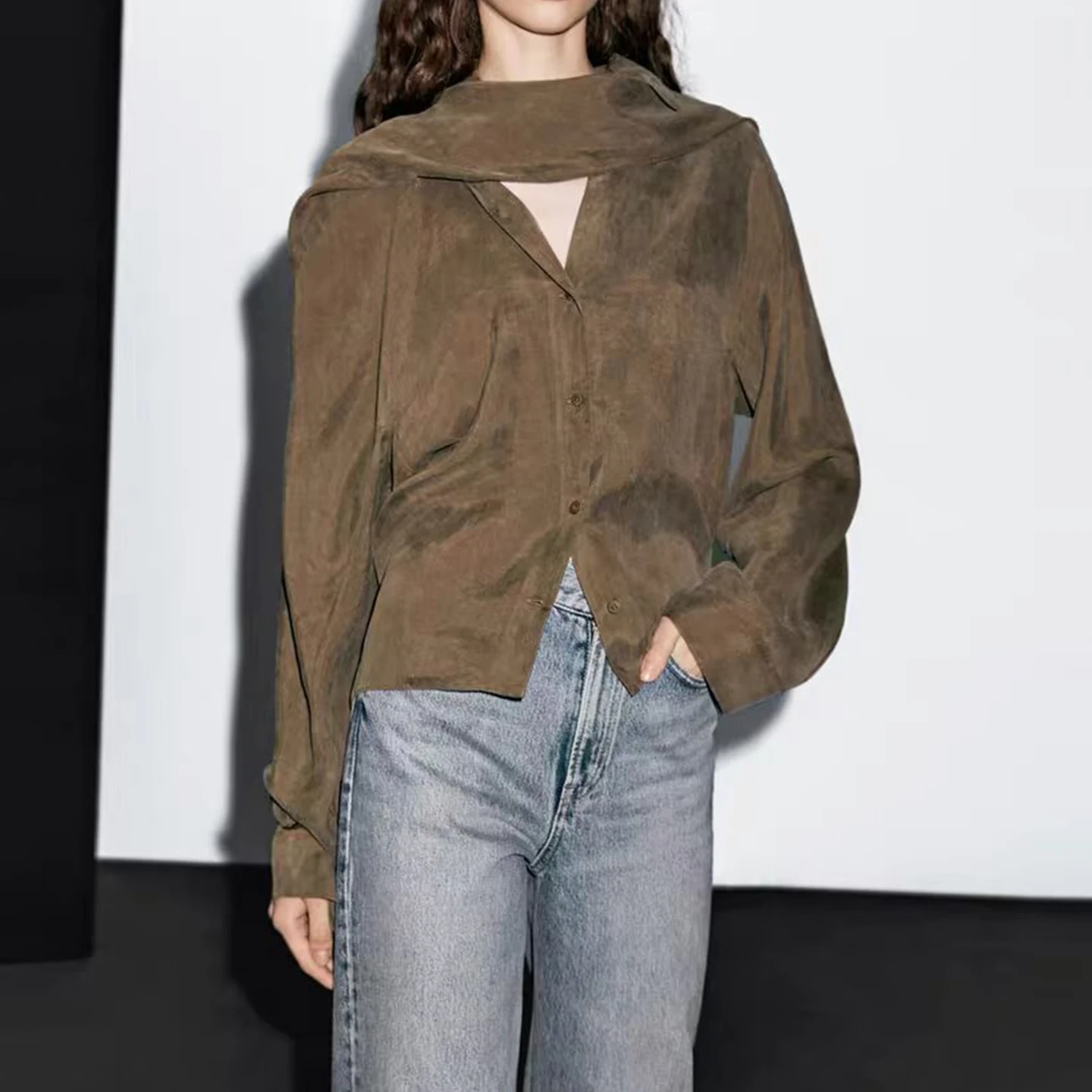 Z 2025 Herbst Neue frauen Lange Sve Schal Kragen Casual Sle irt Bequeme Regelmäßige Dünne Andere Material 00%