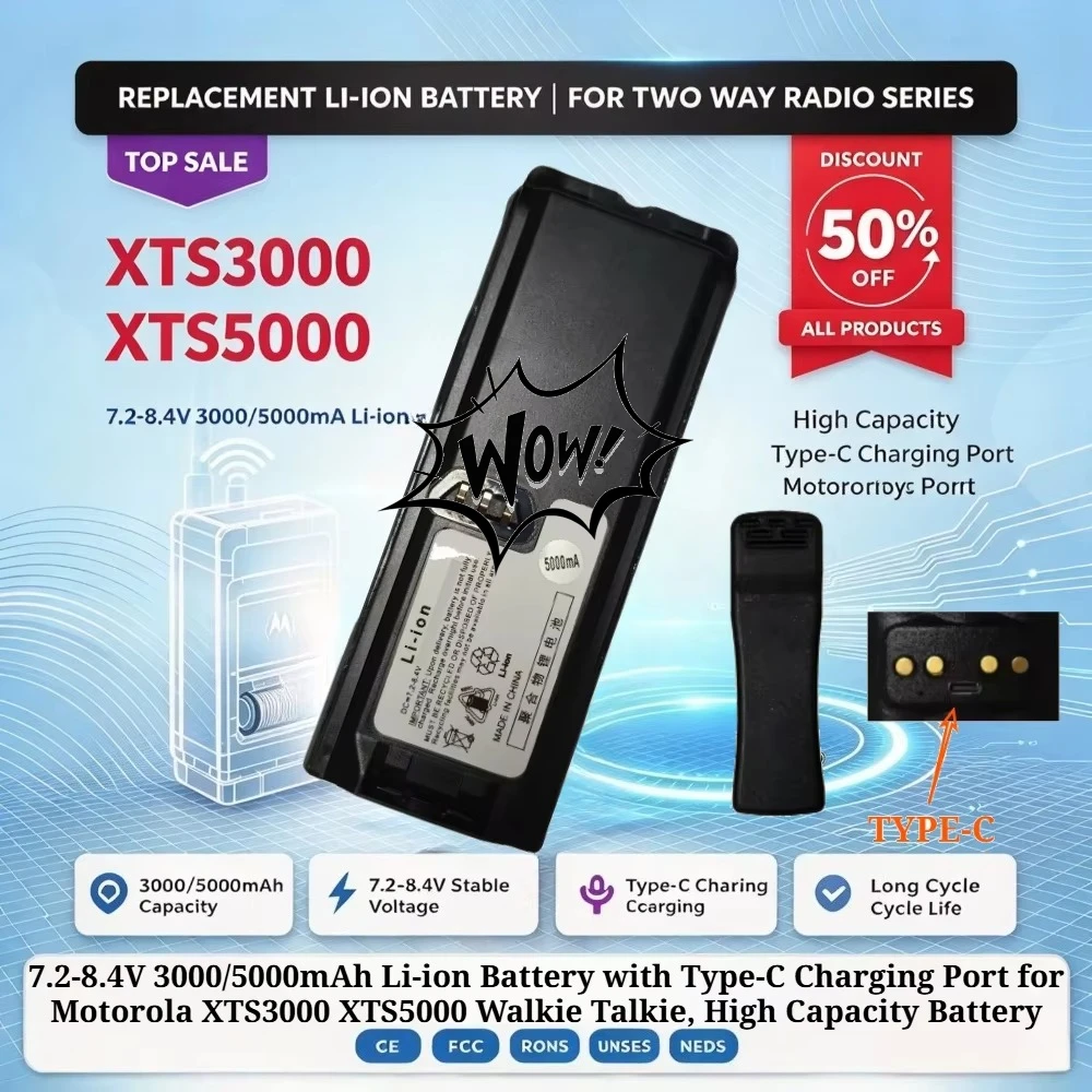 7.2-8.4V 3000/5000mAh Li-ion Battery with Type-C Charging Port for Motorola XTS3000 XTS5000 Walkie Talkie, High Capacity Battery