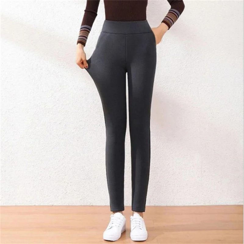 Legging wanita, legging ketat termal melar nyaman polos hangat beludru pinggang tinggi Dalaman bulu musim dingin S-5XL