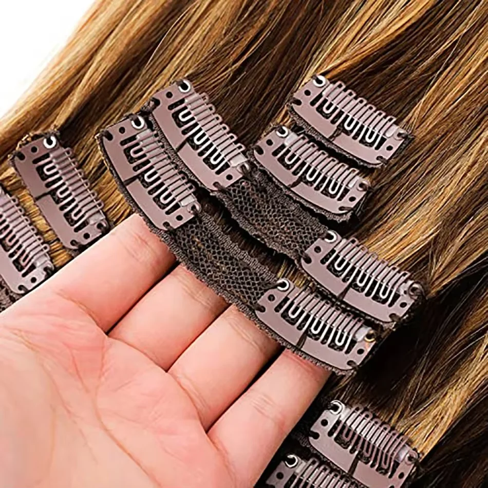 8 Pcs Highlight Straight Clip Ins Human Hair P4/27 100% Unprocessed Real Hair  Clips In Hair Thicker Ombre Raw Hair Extensions