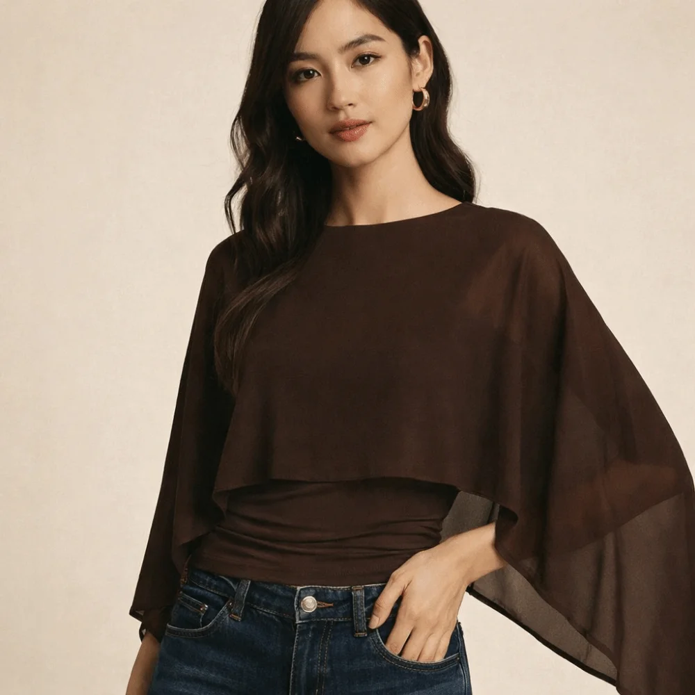 Round Neck Cape Sleeve Top Ruched Waist Open Front Irregular T-Shirt Slim Fit Sheer Fabric False Two-Piece Tops Summer Wear