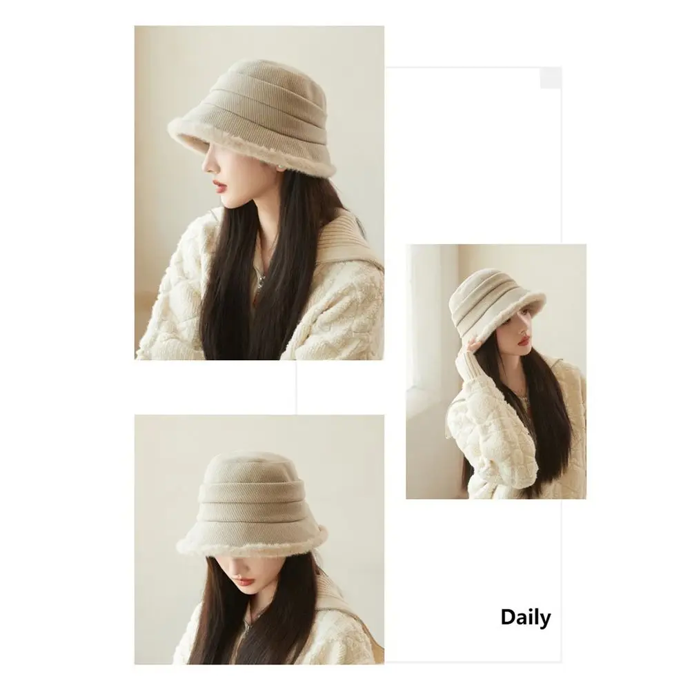 한국어 퍼지 겨울 양동이 모자 귀 보호 방풍 여성 어부 모자 여성을위한 따뜻한 두꺼운 플러시 따뜻한 분지 모자