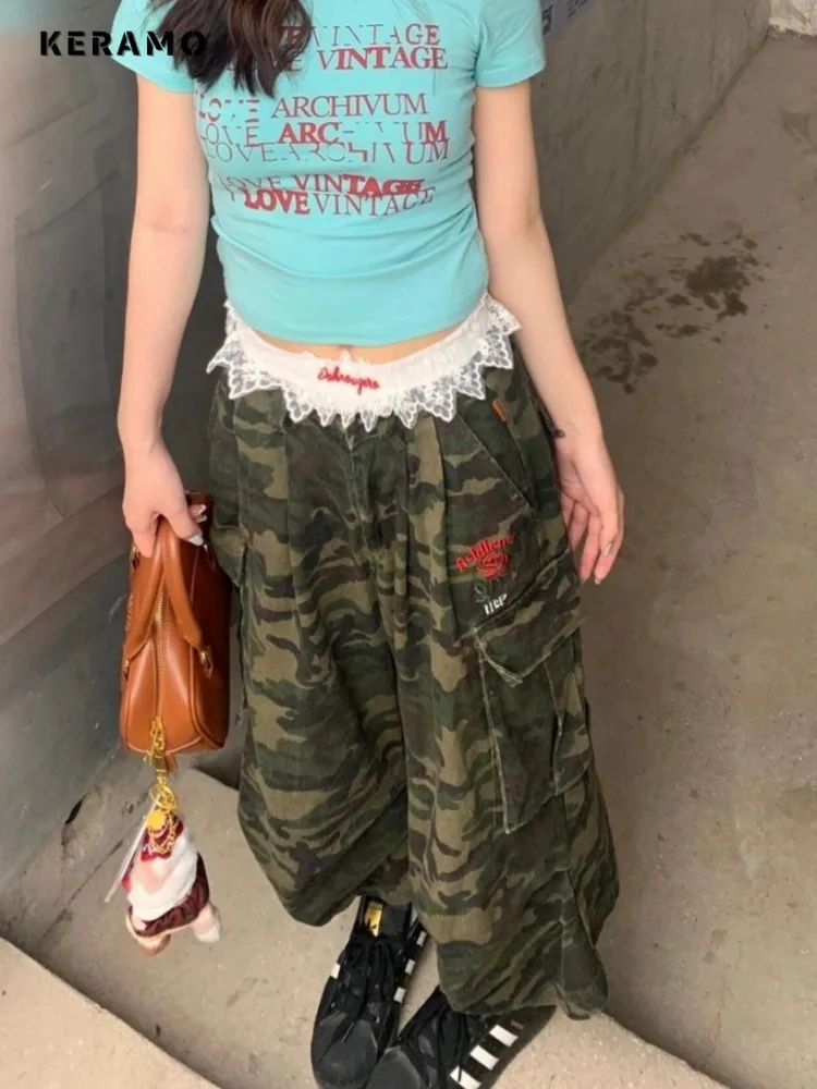 

American Retro High Street Casual Jeans Camouflage Loose Wide Leg Lace Patchwork Pants Women Y2k Hip-hop Cargo Grunge Trousers