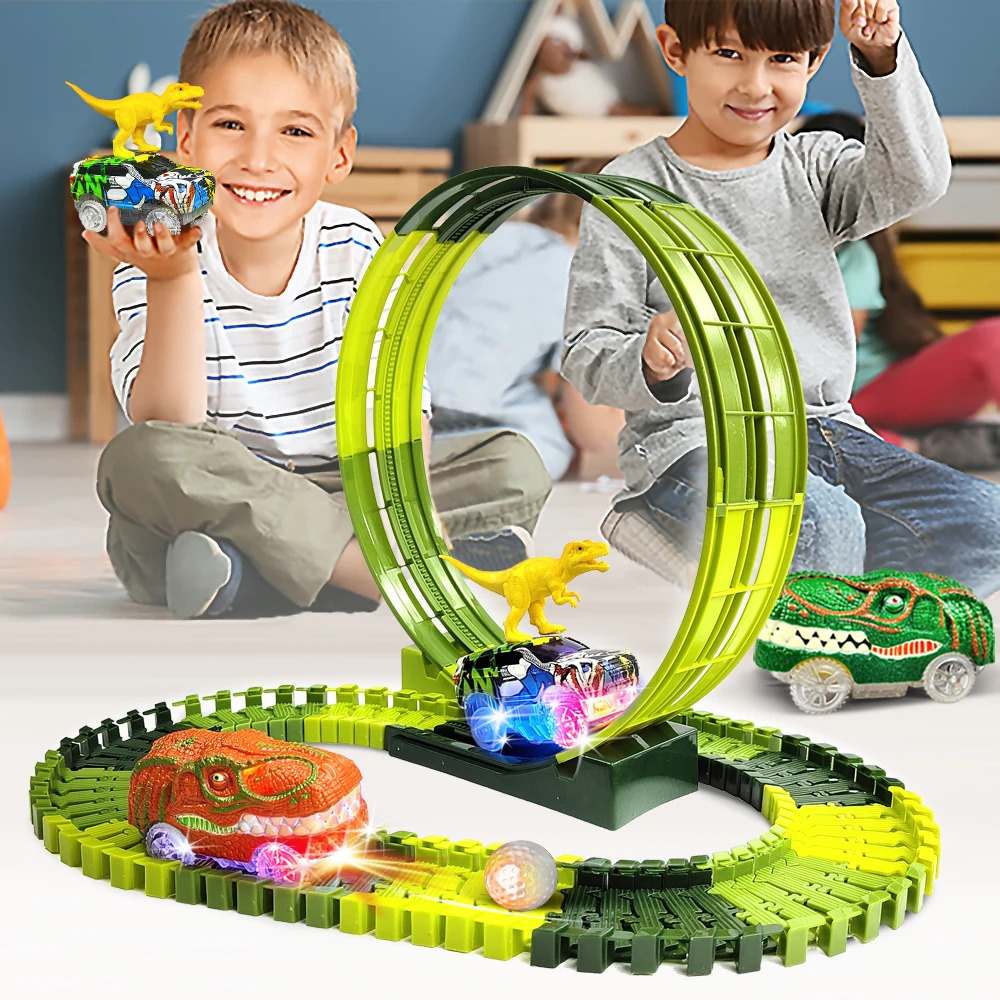 Dinosaur Race Car Track Toys Set Flexible Tracks Car with 360 Loop Playset Gift for Kids Ages 3 4 5 6 7 8 Year Old Boys Girls