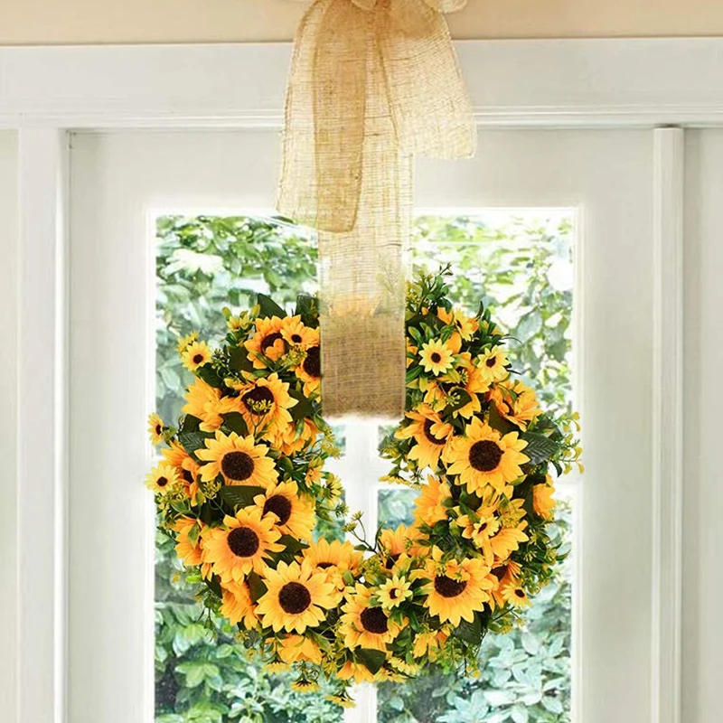 Artificial Sunflower Summer Wreath-16 Inch Decorative Fake Flower Wreath With Yellow Sunflower And Green Leaves For Front Door I