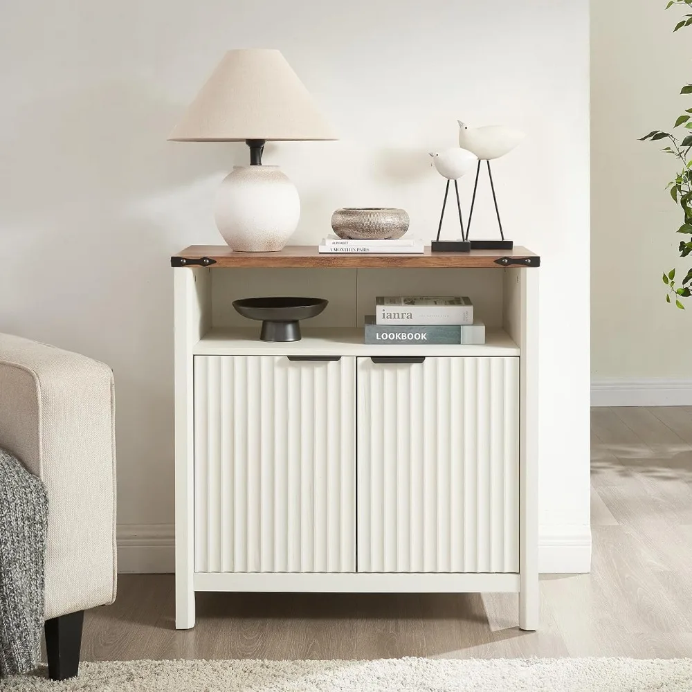 

32 Inch Fluted Sideboard Buffet Cabinet with Storage, Modern Farmhouse Accent Credenza with Adjustable Shelves, Coffee Wine Bar