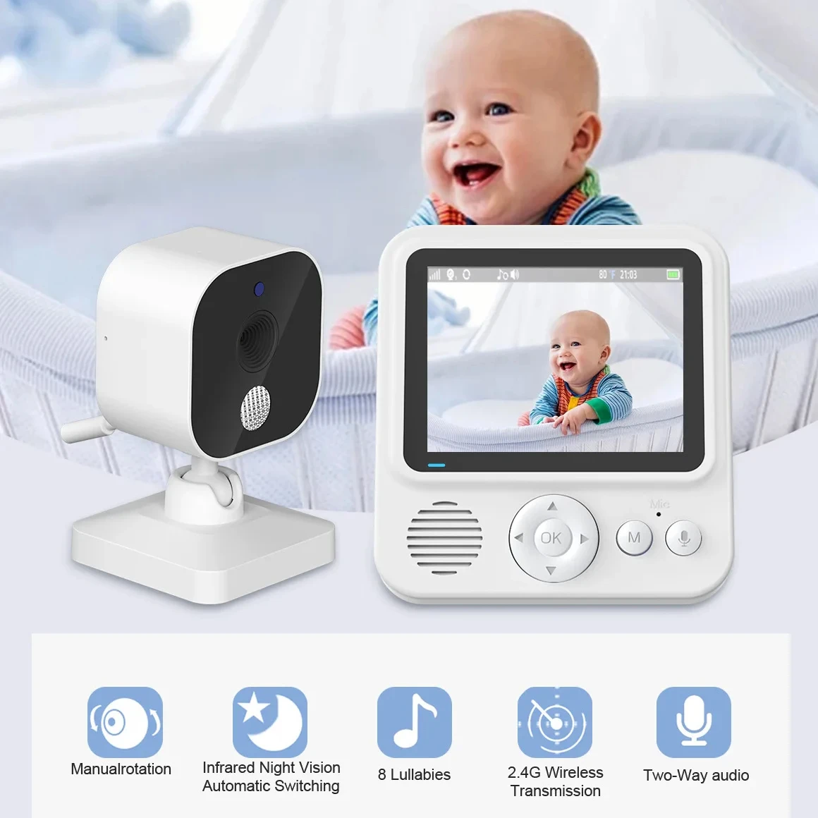 baby monitor sem fio com tela ips nanny lullaby visao noturna temperatura way talk 28 polegadas abm900 01