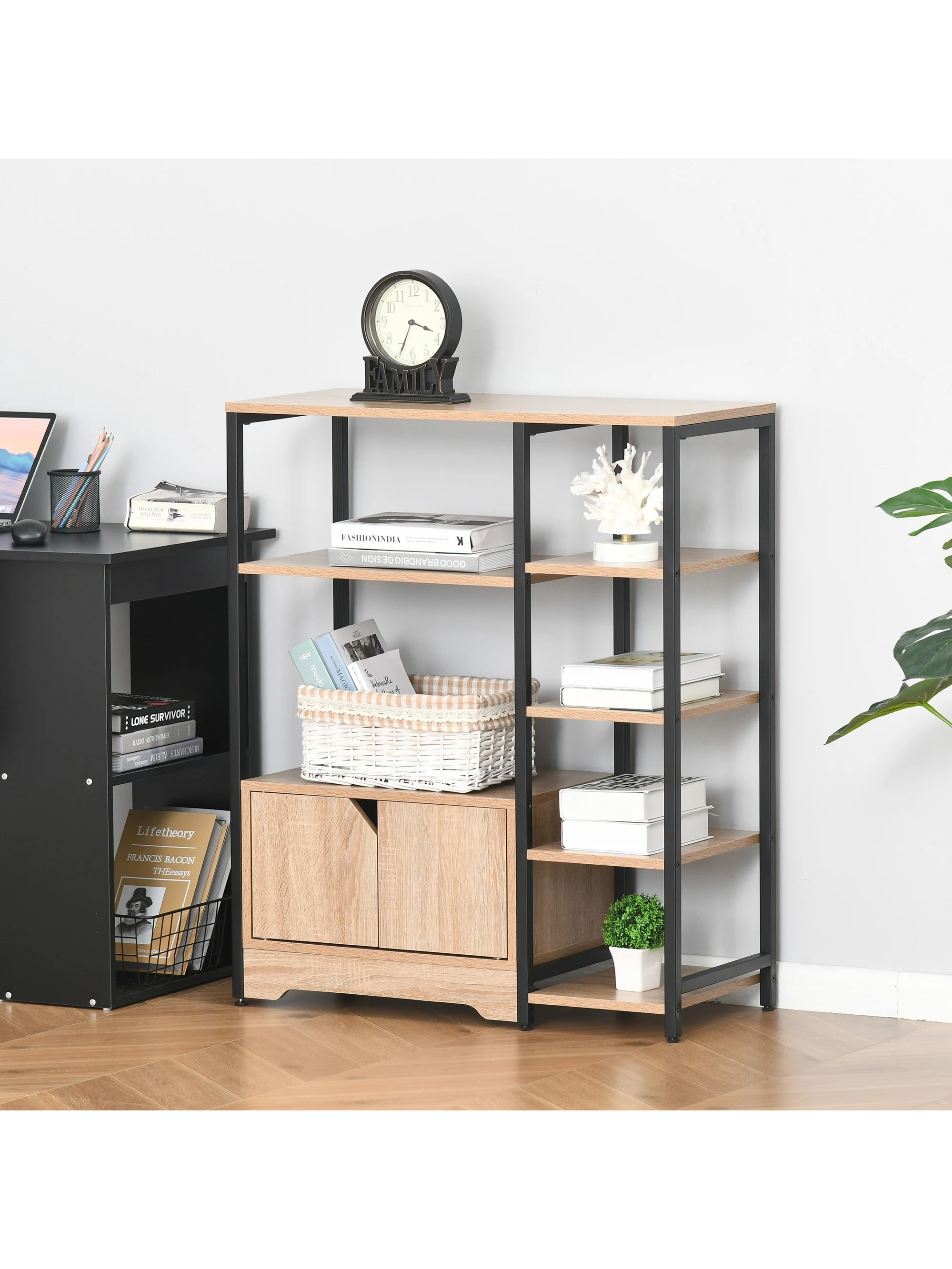 HOMCOM Estantería para Libros con Múltiples Estantes Abiertos y Doble Puerta Librería con Marco de Métal 80x35x97 cm Naturel